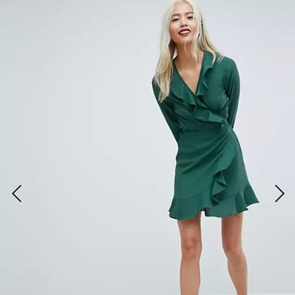 ASOS Ruffle Wrap Mini Dress Green - Picture 3 of 3